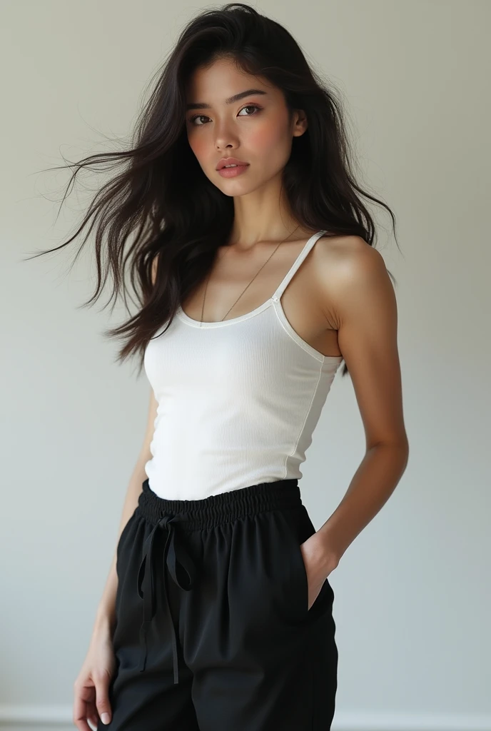 White girl with black hair, Swedish. wearing black pants and a white tank top. full body.