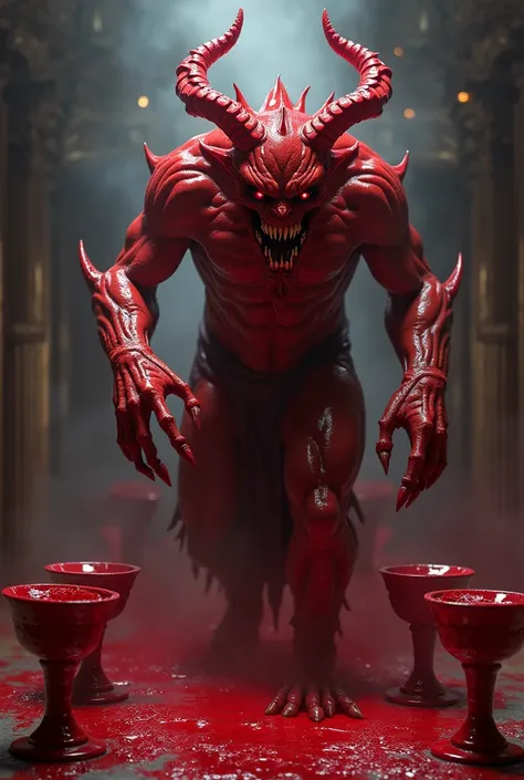 Demon of Blood
"A sinister demon with bright red skin, sharp claws, and pulsating veins filled with blood. It stands atop a blood-stained altar, surrounded by overflowing chalices, with a macabre grin and hungry eyes."