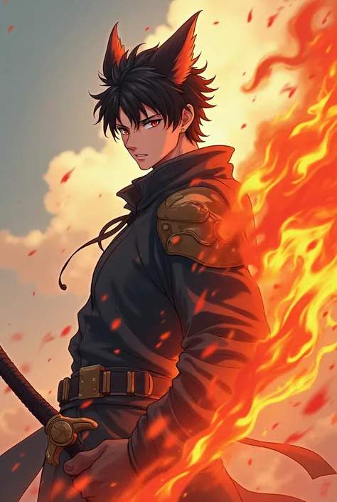 Create an anime character, 17- male adolescent swordsman with animal features such as a pointed and hairy ear and a whale with a slightly muscular and narrow body with an element of fire.