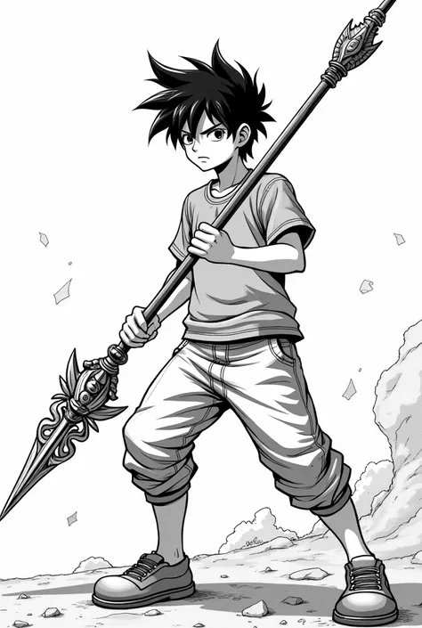 A black and white manga sketch of a teenage boy holding a fancy spear