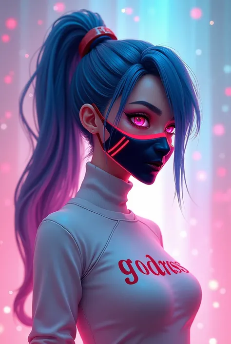  Game Free Fire ,Mandrake,  with ponytail hair with a blue lock on the fringe,  mask with red stripes and a blue detail , white turtleneck written” Goddess” ,pink and blue baby background with sparkles 
