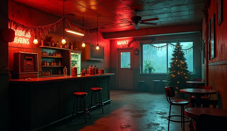 A highly realistic and atmospheric scene of a small, dark, and dangerous bar in Miami, decorated for Christmas. The bar has a low ceiling and dim lighting, with flickering, cheap Christmas lights hanging haphazardly around the room. The walls are weathered...