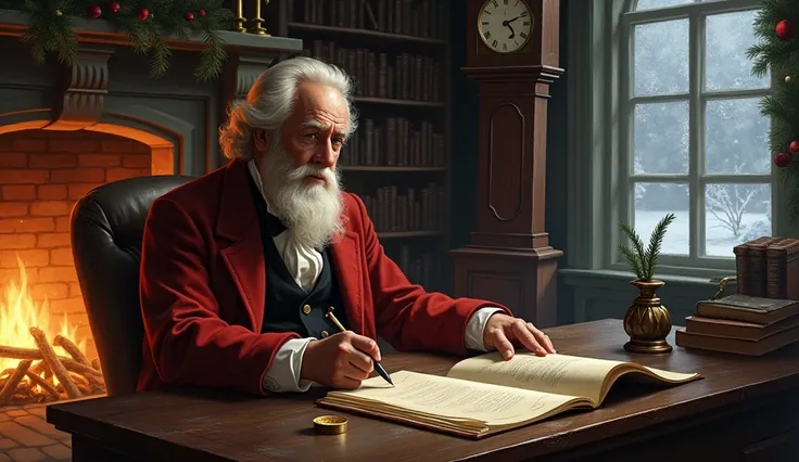 Clement Clarke Moore writing a poem about Saint Nicholas as Santa Claus in the 19th century