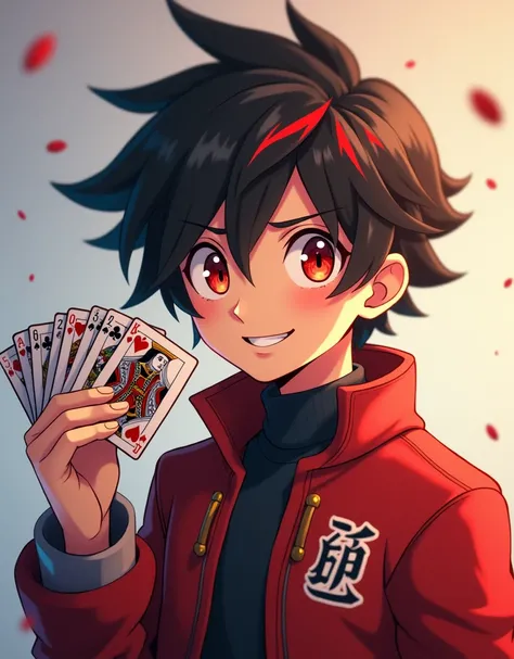  an impressive image of Tanjiro looking straight ahead, with a deck of playing cards in his hand, smiling, in 3d format ,Cartoon,anime