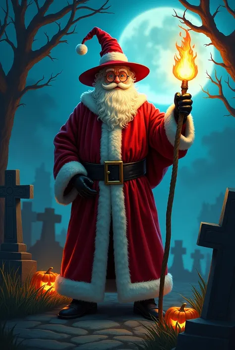 🎅+🎃=  Halloween Santa Claus dressed as a sorcerer with a wizards hat and torge. He is in a graveyard .