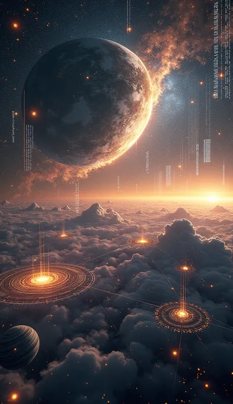 A cosmic landscape where AI rules the stars, with massive, glowing satellites and data streams connecting planets, creating a network across the galaxy. Each planet is covered in neon grids and holographic interfaces, displaying alien data and information....