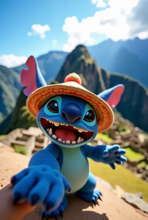 "A hyperrealistic view as if taken from Stitchs smartphone camera, showing his blue face smiling mischievously in the foreground, with his large ears visible and wearing a colorful Peruvian chullo hat. Behind him, the majestic Machu Picchu ruins are fully ...