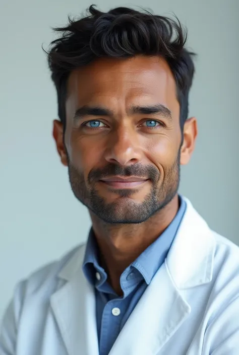 Blue-eyed brown man wearing a lab coat 