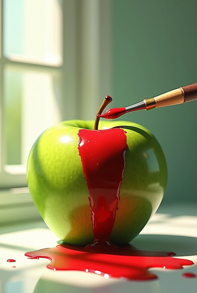 Create a detailed prompt to instruct a language model in generating a concept for a hyperrealistic illustration where a green apple is being painted red by a brush. 

Include elements such as the texture details of the apple and paint, the motion of the br...