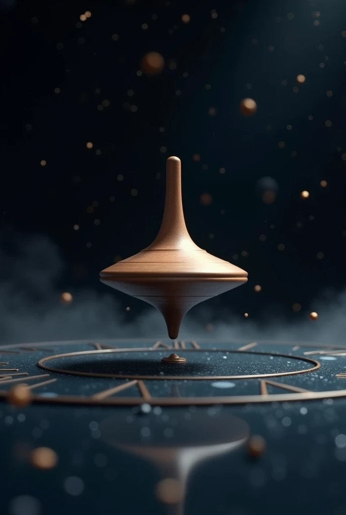 A spinning top in space surrounded by a clock