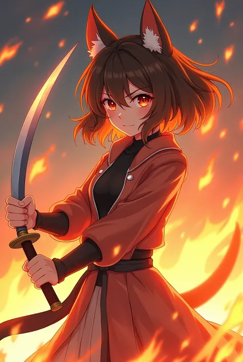 Create an anime character, 173 tall brown adolescent female katana swordsman with animal features such as a pointed and hairy ear and a whale with a slightly muscular and narrow body with the element of fire, put one each on this one. 