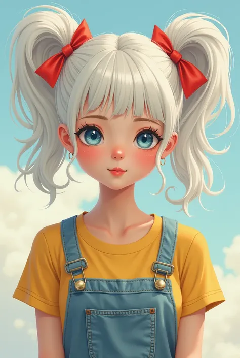 Create a woman with white hair ,  two pigtails and a little red ribbon in them ,  light blue eyes and pale skin but with blush ,  wearing a yellow t-shirt and a denim and red converse overall