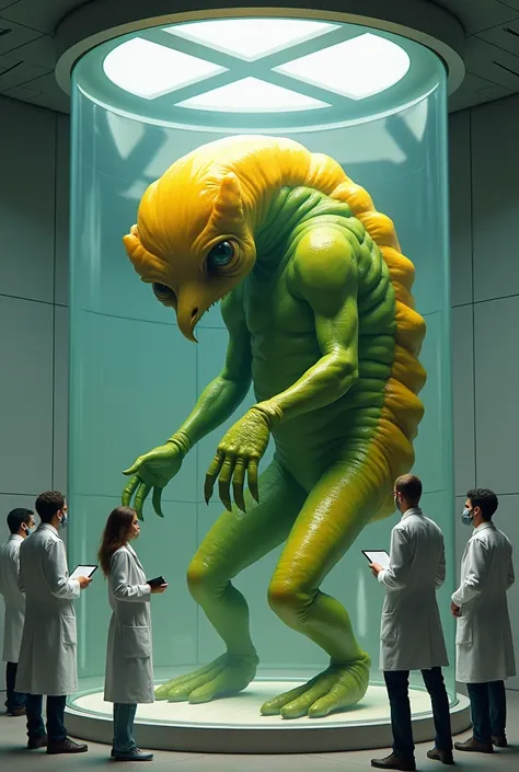 Yellow and green monster trapped in a glass cage and scientists studying 