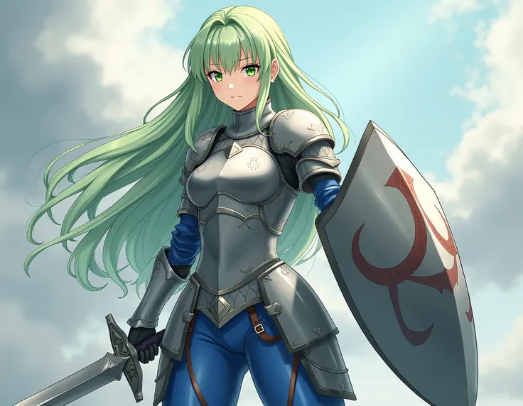 An anime girl with long light green hair in front has Japanese-style bangs and bright green eyes wearing gray knight armor, blue pants, and knight boots she hold a sword and shield