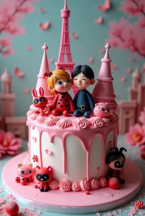 Una torta de miraculous que sea aesthetic, tierna y que tenga a Ladybug, chat noir, tikki, plagga, chloe, marinette y adrien