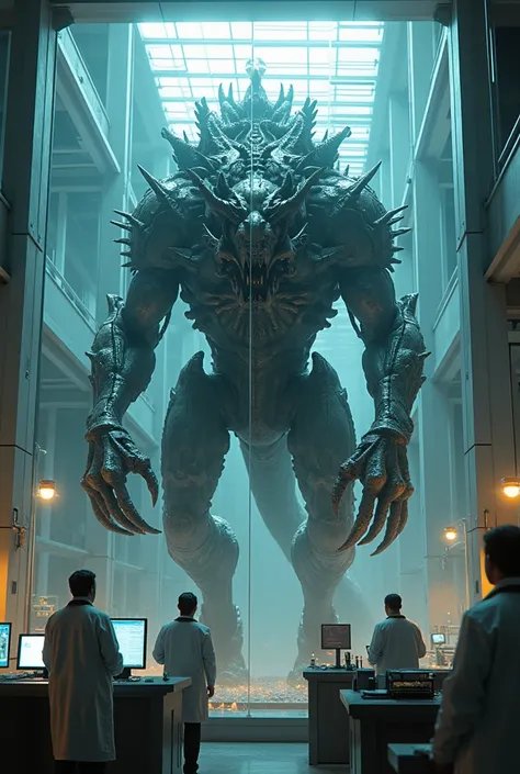 Iron monster full of claws trapped in a glass cage and scientists studying 