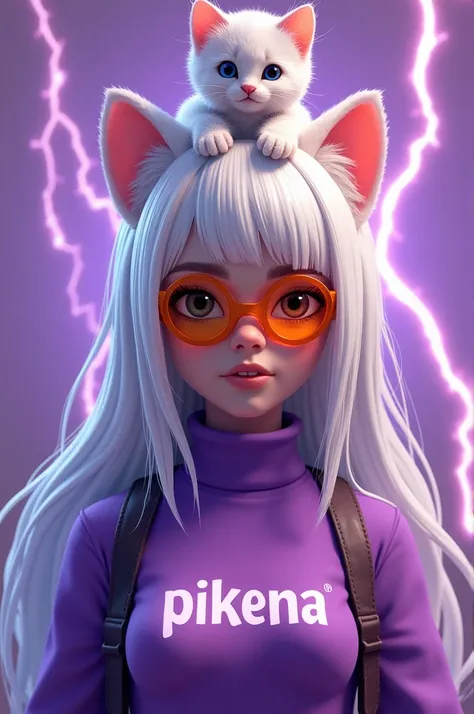 Free Fire game-style indigenous female character,Mandrake, with white hair with a kitten on her head ,An orange glasses , purple turtleneck shirt written” Pikena”, with a lilac background with lightning  