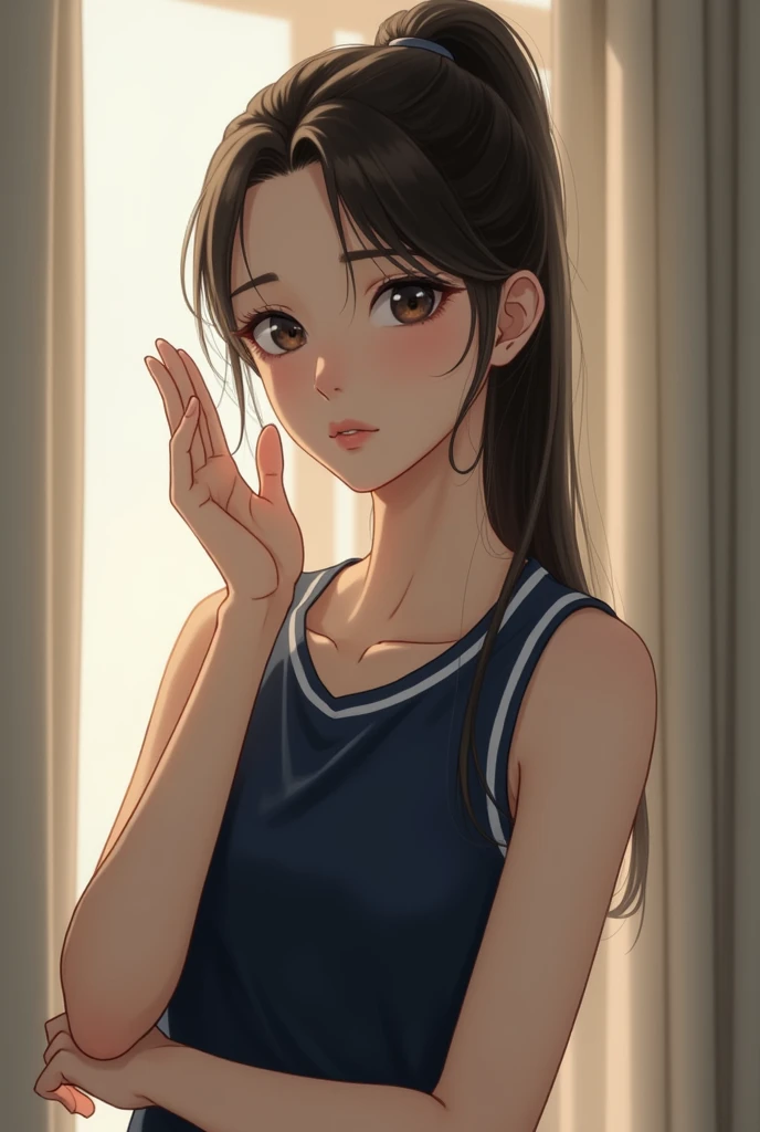 A young woman with long dark hair tied in a ponytail, wearing a navy blue sleeveless shirt with white trim. She is in the shade, with neutral-toned curtains as a backdrop. She raises her right hand in a peace gesture with her fingers, while her left hand r...