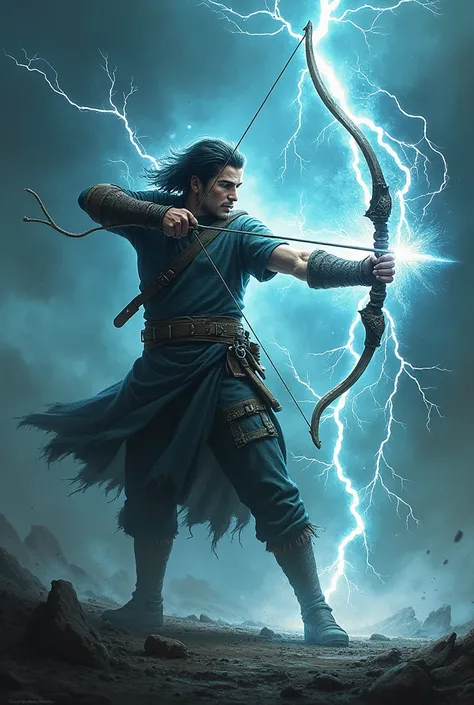 Can create an image of a powerful archer , This warrior may be surrounded by electrical power. Over time, power consumes the archer ,  shooting an arrow at the ground and lightning striking the arrow