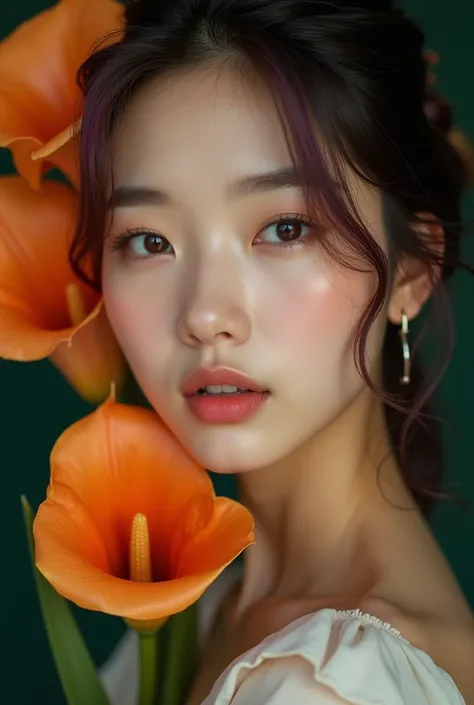 A hyperrealistic and artistic portrait of a young Korean woman with her head adorned by large orange calla lilies. The model has her eyes closed and her head slightly tilted to one side, projecting serenity and elegance. The flowers are distributed organic...