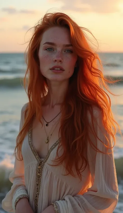 Karen Gillian, full body, long red hair, soft freckles, radiant skin, lovely, autumn sea vibes, soft lighting, warm sunset hues, standing by the ocean, breeze in hair, waves crashing gently, soft fall colors in the background,