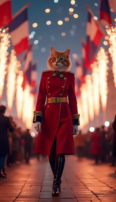 In a large square lit by fireworks in Paris, a single female elegantly parading represents France in a full dress uniform of the French Armed Forces. She is tall and slender, wearing a red military coat with gold trim and polished boots bearing prestigious...