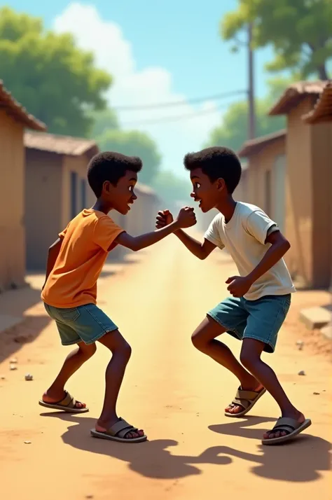 Two African young boys wearing casual outfit, throwing punch at each other, in an African road, daylight scene, realistic shot