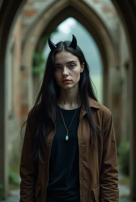 35mm film photography, A young british woman with long dark hair wearing a brown jacket and black t-shirt, with a small opal gemstone pendant, and small black horns, standing in british abbey estate, high detail