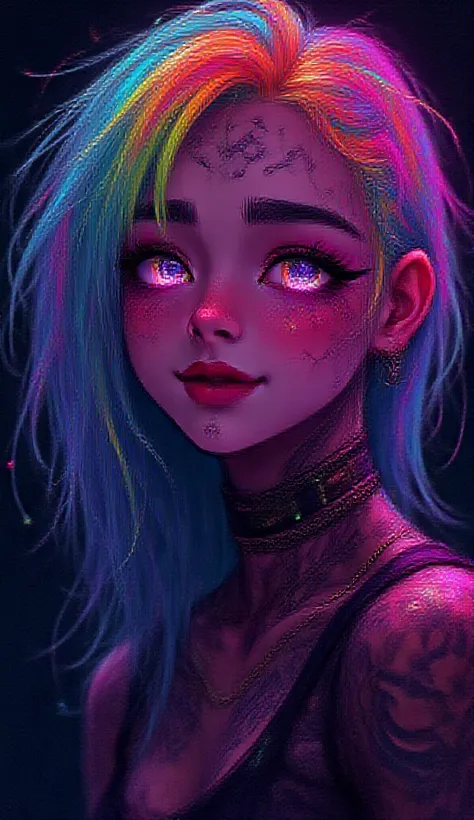 Kizi. Rainbow colored hair. cyberpunk. tattooed. Grinning. darkness background. Eyes rainbow colored 