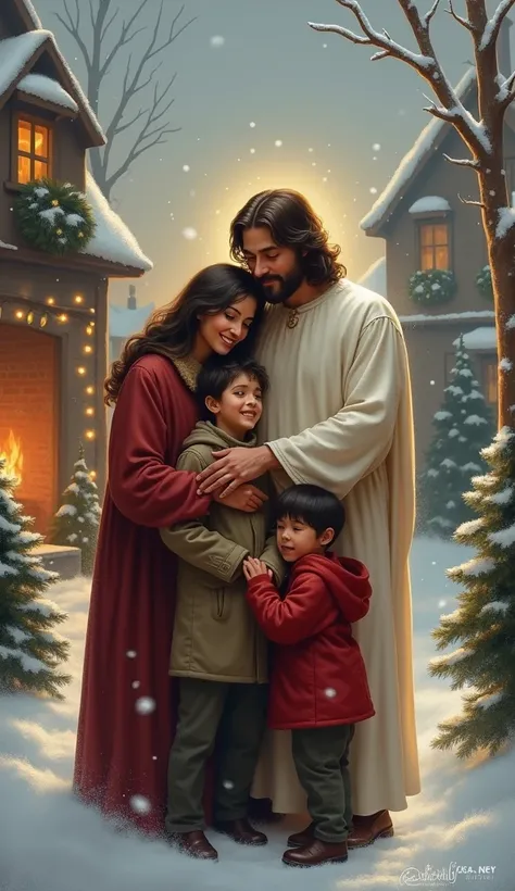 Jesus embracing a family in a Christmas setting