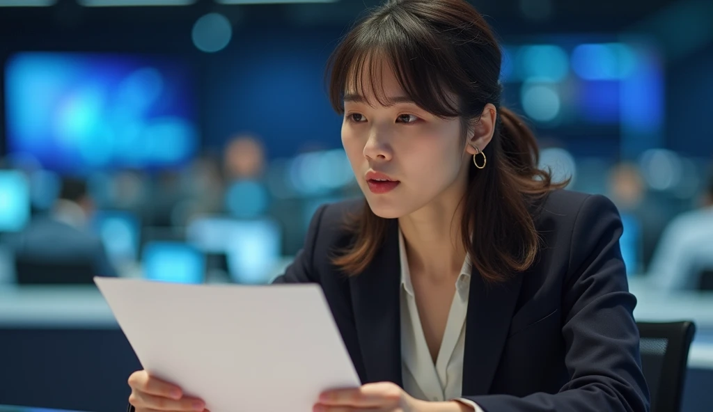 A newscaster is watching a manuscript on a news program, excited,  Yan Photo, A , With a natural look, With a slightly tired look, Tilt your face slightly, Diagonal orientation, Average face