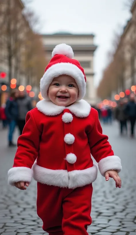 Realistic. Photorealistic. Image is vibrantly colored.
photo,Highly detailed

French baby girl, about six months old,
wearing a Santa Claus hat,
wearing a Santa Claus costume,

A French Christmas town in the background, with the Arc de Triomphe visible,

F...