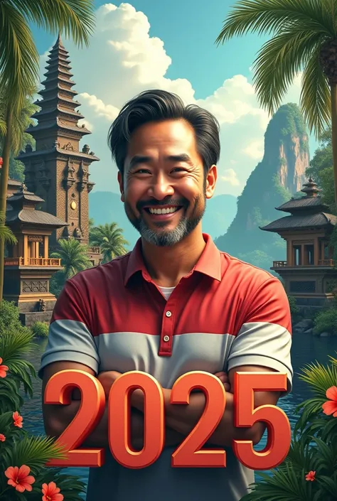  Happy New Year 2025 , Large writing, there is a handsome young Indonesian realistic 45 years old,  wearing polo shirts ,  nuanced images of bali culture , there is a temple , red and white indonesian flag , there is a coconut tree, Very real,  very detail...