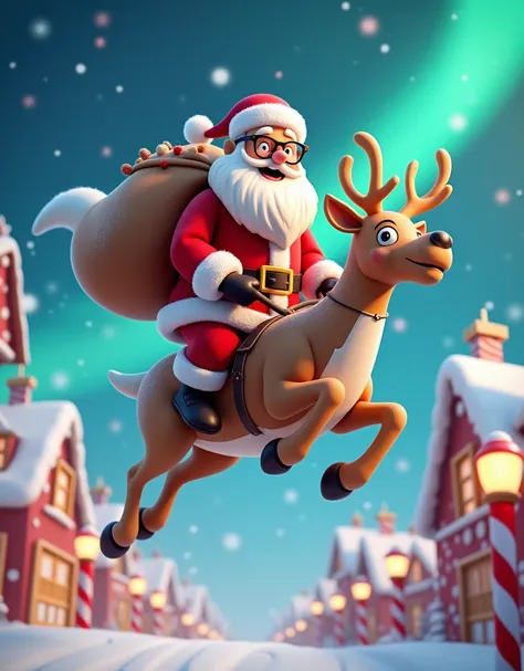 3D cartoon, whimsical Santa Claus, oversized glasses, riding a giant gingerbread reindeer, frosting mane and tail, soaring over snowy village, candy cane streetlights, houses decorated with gumdrops and licorice. Night sky, vibrant Northern Lights.