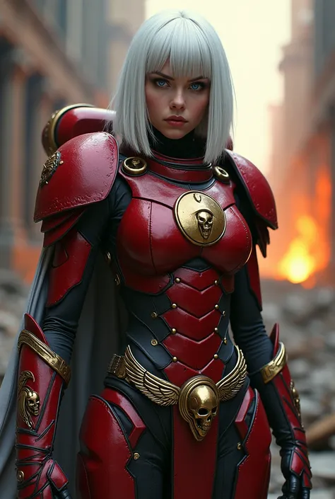 A captivating, 8k, realistic, cinematic photograph of a naturally hard looking middle aged female warrior in futuristic Adepta Sororitas-inspired power armor in warhammer lore. She has short bob cut white hair, blue eyes, displaying a zealot fierce and ste...