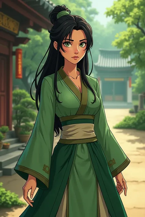  Cartoon style from  "avatarа: the legend of the airbender".  earth magician ,  in more feminine clothes.   black long hair.  Clothes in shades of green .  green eyes .  Period clothes  "avatar: The Legend of Korra ".  The girl is more focused and looks se...