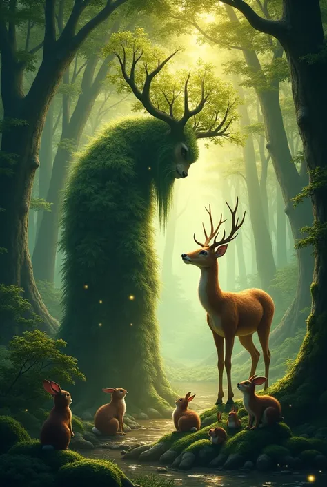  Personification of a forest speaking to a deer, and other forest animals listening to  