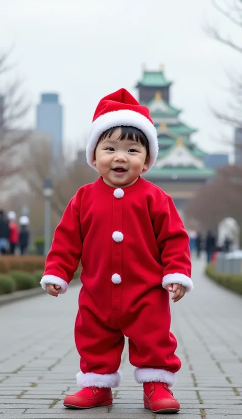 Realistic. Photorealistic. Image is vibrantly colored.
photo,Highly detailed

Japanese baby, about six months old,
wearing a Santa Claus hat,
wearing a Santa Claus romper,
wearing red shoes,

The background is the city of Osaka in Japan, with Osaka Castle ...