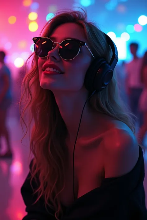 A beautiful girl listening music and a dark shades
A disco background 