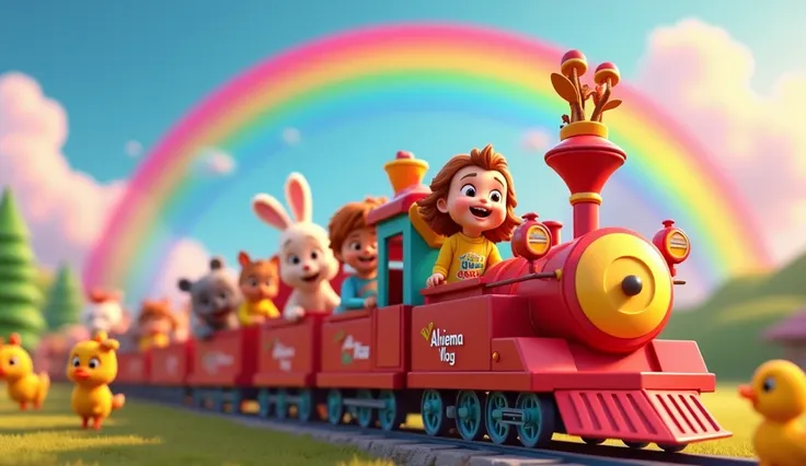  In this playful 3D animation, a group of s and their animal companions—cheerful puppies, curious rabbits, and happy ducks—are all dressed in fun, colorful outfits with the "Alviema Vlog" logo. They are riding a magical train through a fantastical world wh...