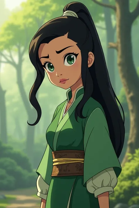  Cartoon style from  "avatarа: the legend of the airbender".  earth magician ,  in more feminine clothes.   black hair, gathered in a light ponytail .  Clothes in shades of green .  green eyes .  Period clothes  "avatar: The Legend of Korra ".  The girl is...