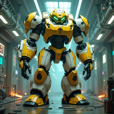 "Create a hyper-realistic depiction of a 20-foot-tall robotic figure inspired by Ratchet, set in a high-tech, futuristic repair bay with glowing diagnostic panels, robotic arms, and scattered medical tools. The robot features a predominantly yellow and whi...