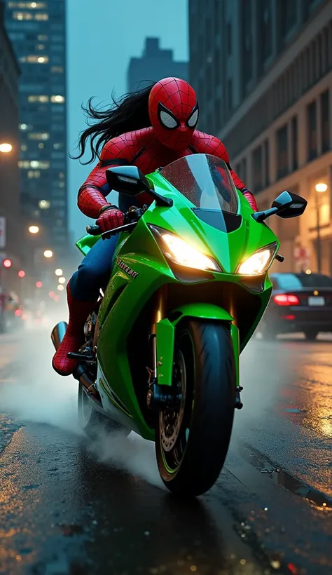 Spider-Man with a green Kawasaki ninja motorcycle running away with Wonder Woman on the back. at night. realistic