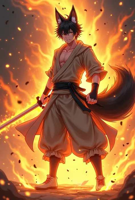 An  human anime character, male swordsman with only fox ears and tail and the strongest fire element, and wearing light clothing, black hair 
