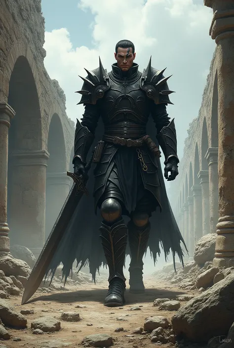 Guts Bersek walking with his sword in a battlefield of Roman ruins 