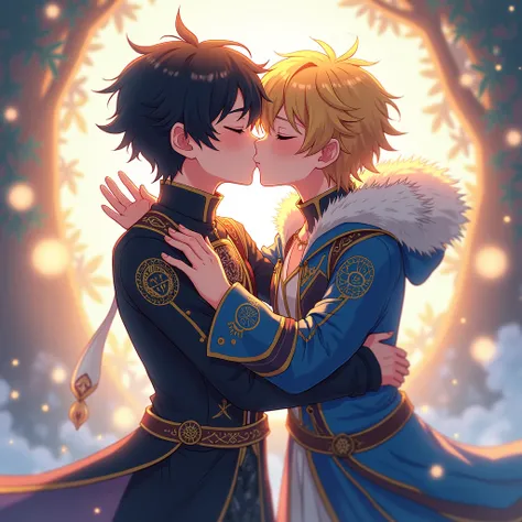 A boy with black hair and a magic outfit another boy with blond hair and a magic outfit kissing the boy with black hair anime