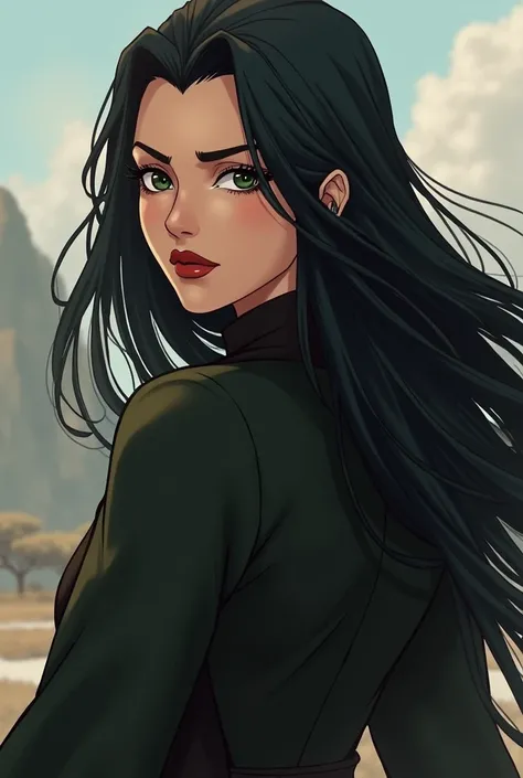 (( masterpiece fails, top quality)), absurdres ,  the legend of korra ,  masterpiece fails,  top quality,  1girl, One, pomade, makeup, чёрнye hair, длиннye hair, ye hair,  green eyes , red lips,  looks away,  outdoors, Black jacket, turning away, portrait