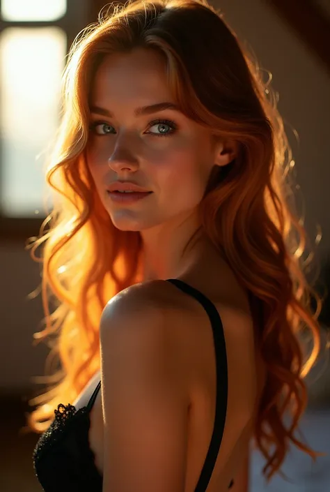 Selfie shot of a beautiful woman, she has slightly wavy long ginger long hair, her blues eyes shining with reflection of light, she sitting on attic, sunshine comes inside from single square window, she smiling to the viewer, slightly tilted head, pastel b...