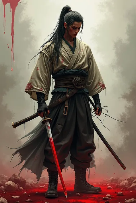  create me a espadhim in a ragged kimono , With long hair tied in a ponytail ,  with red eyes that is stained with blood who carries a sword in his hands that is raining and with several bodies scattered on the floor