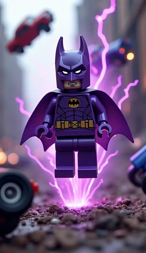 Lego magneto merged with lego batman, floating mid air, purple suit, in a scrapyard, bent cars floating around, purple lightenings, strong magnetic field, lego.